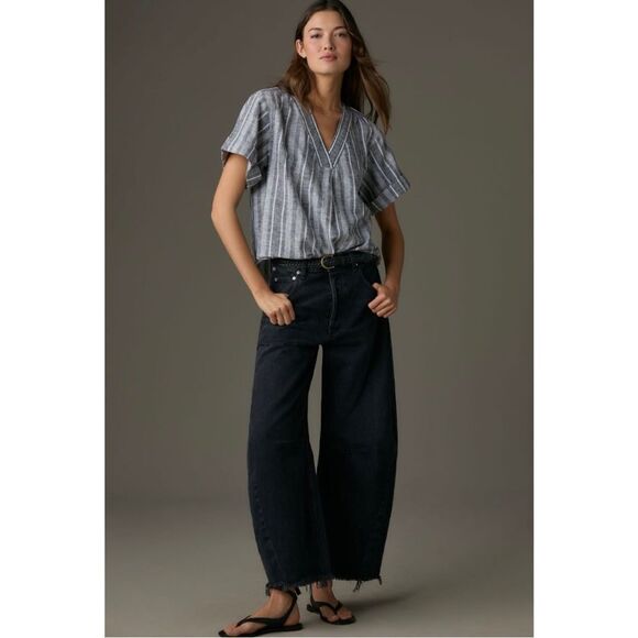 NEW Anthropologie Pilcro Linen Striped V-Neck Henley Surf Shirt Blouse X-Large - Picture 3 of 4